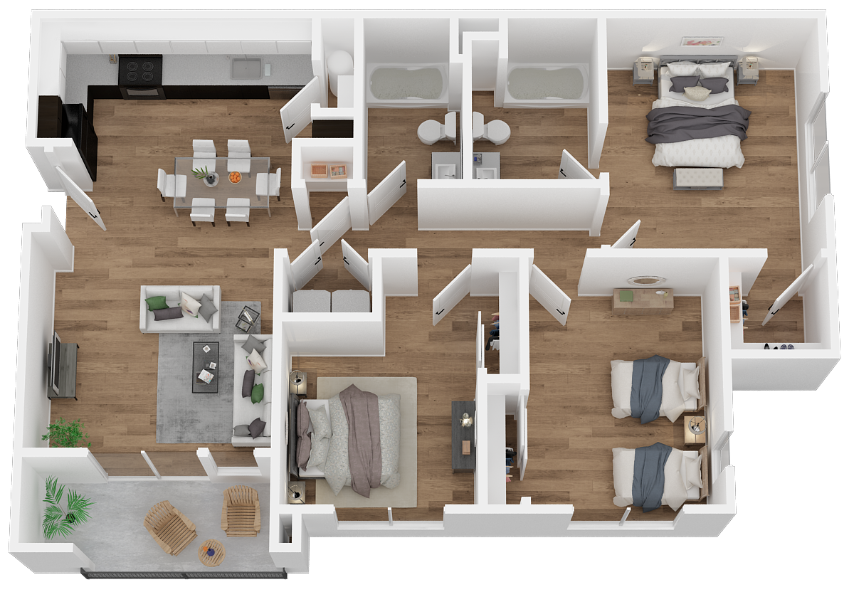 Floor plan for 3 beds, 2 baths, 1161 sqft